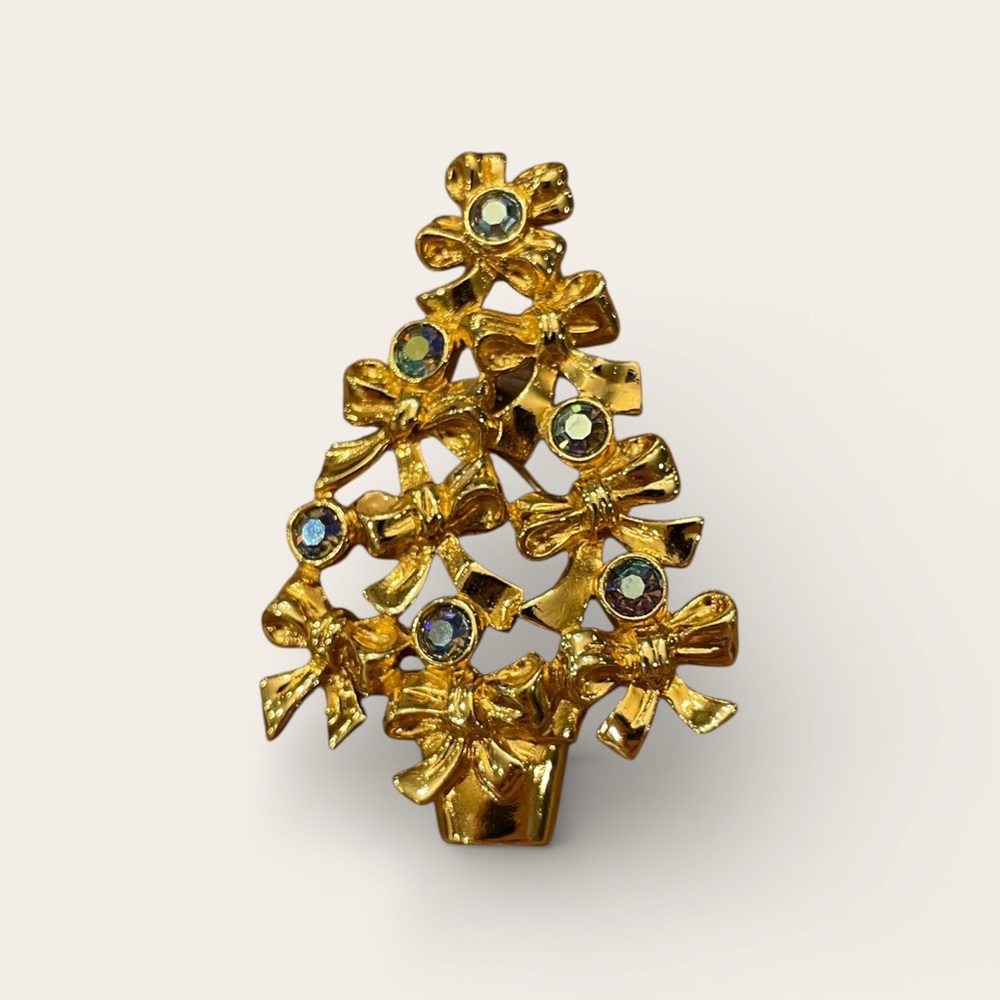 Vintage AVON Christmas Tree Pin Brooch Iridescent Stones Gold Tone Bow